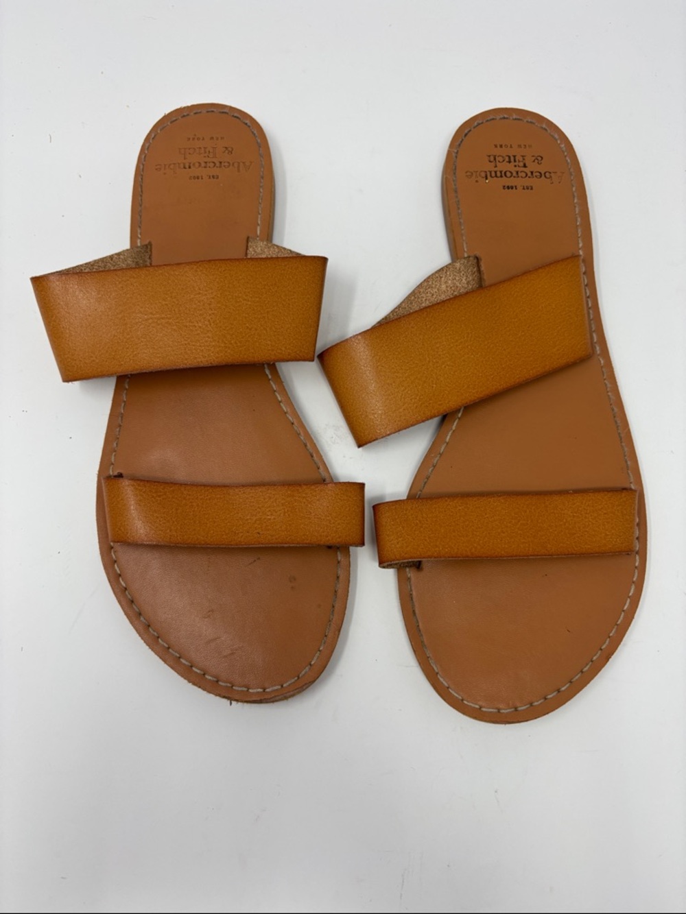 Abercrombie & Fitch | Two-strap Tan Leather Slide Sandals